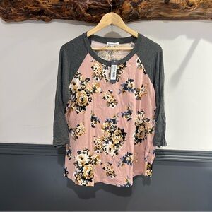 Floral 3/4 Sleeve Baseball Tee - Pink and Gray